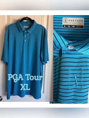 PGA Tour Blue Striped Polo Shirt XL